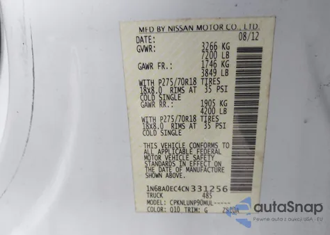 2012 Nissan Titan Pro-4X z USA, uszkodzony, nr VIN 1N6BA0EC4CN331256